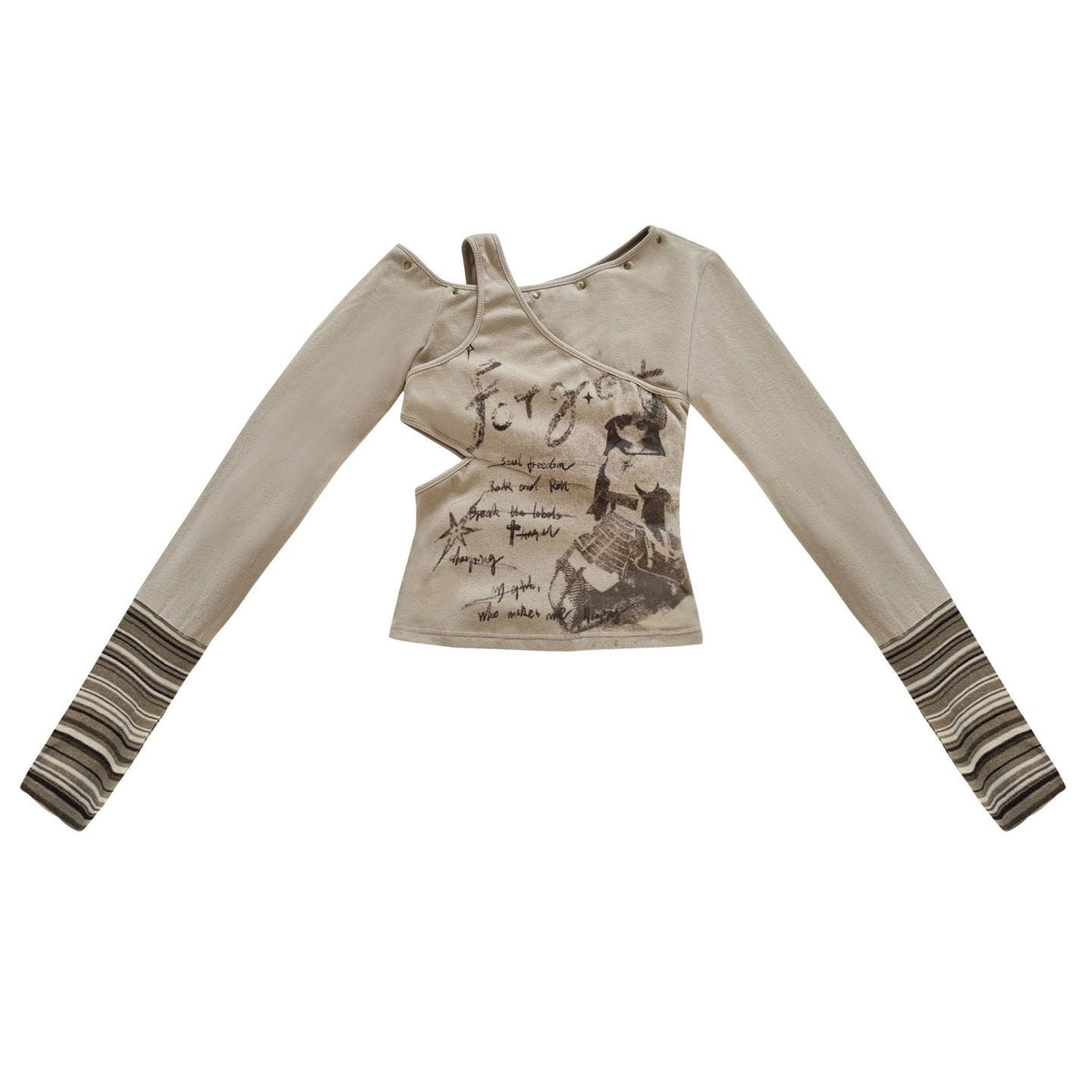 Off-Shoulder Patchwork Print Long Sleeve Knit T-Shirt