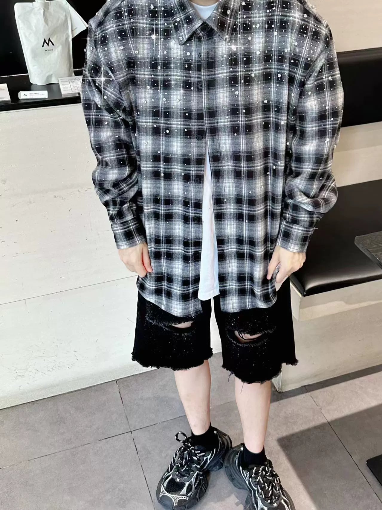 Rhinestone Plaid Long Sleeve Shirt