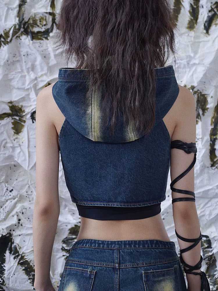 Denim Hooded Punk Zipper Vest