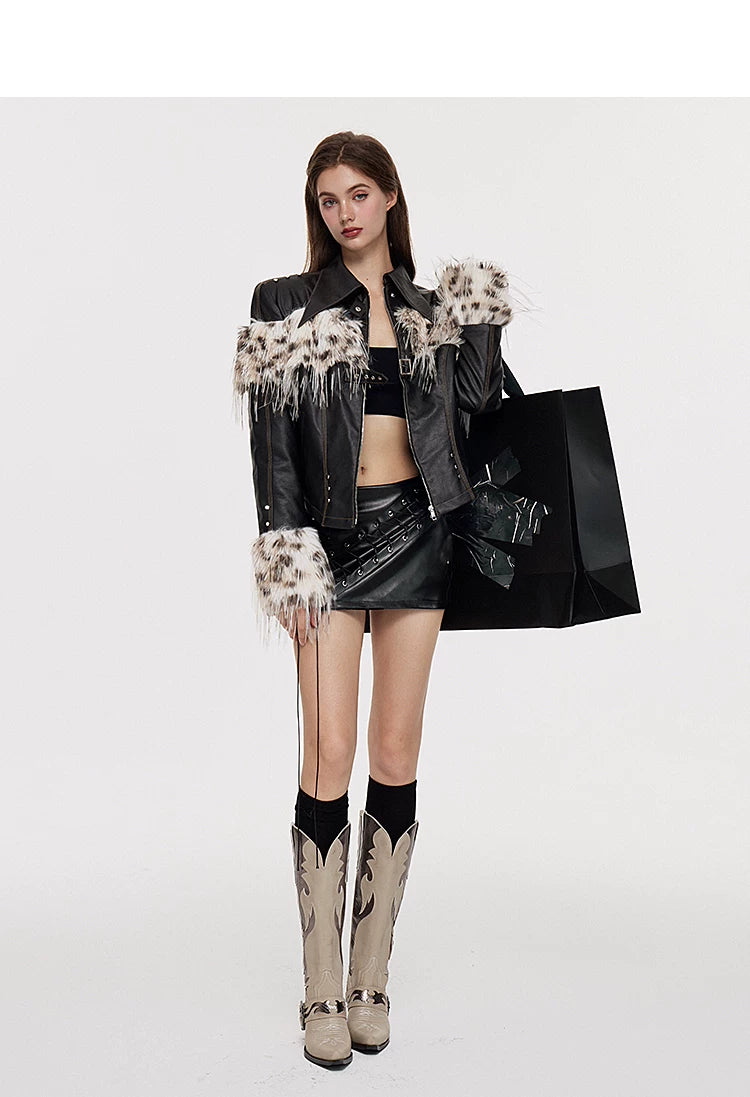 Fake Fur Patchwork Lined Thick PU Leather Jacket