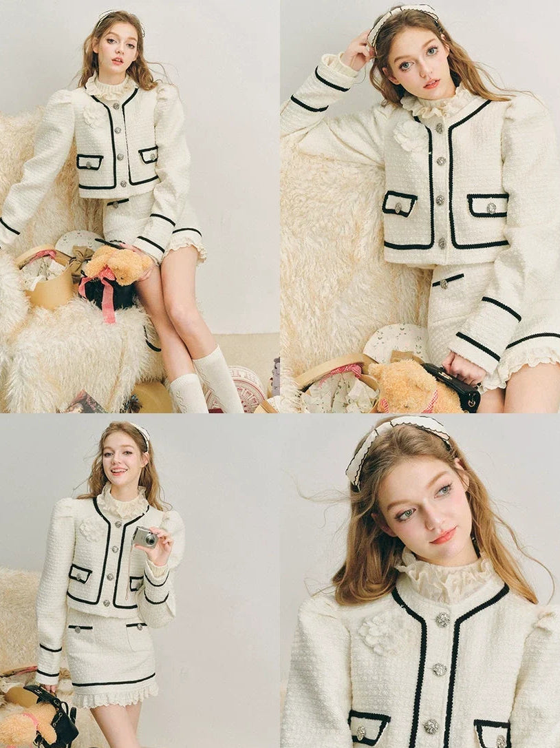 Bubble Sleeve Button Up Jacket & Lace Short Skirt Setup