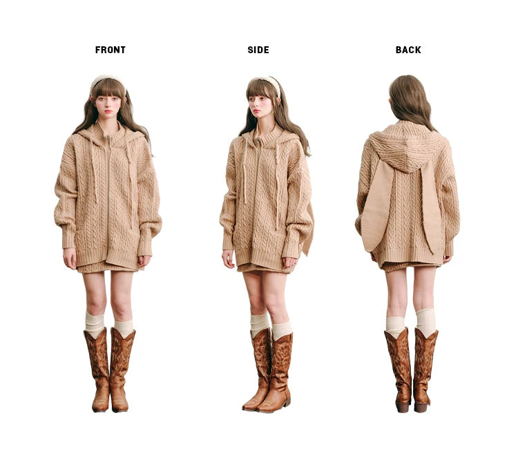 Bunny Hare Ear Hooded Zipper Knit Cardigan & Knit Skirt Setup
