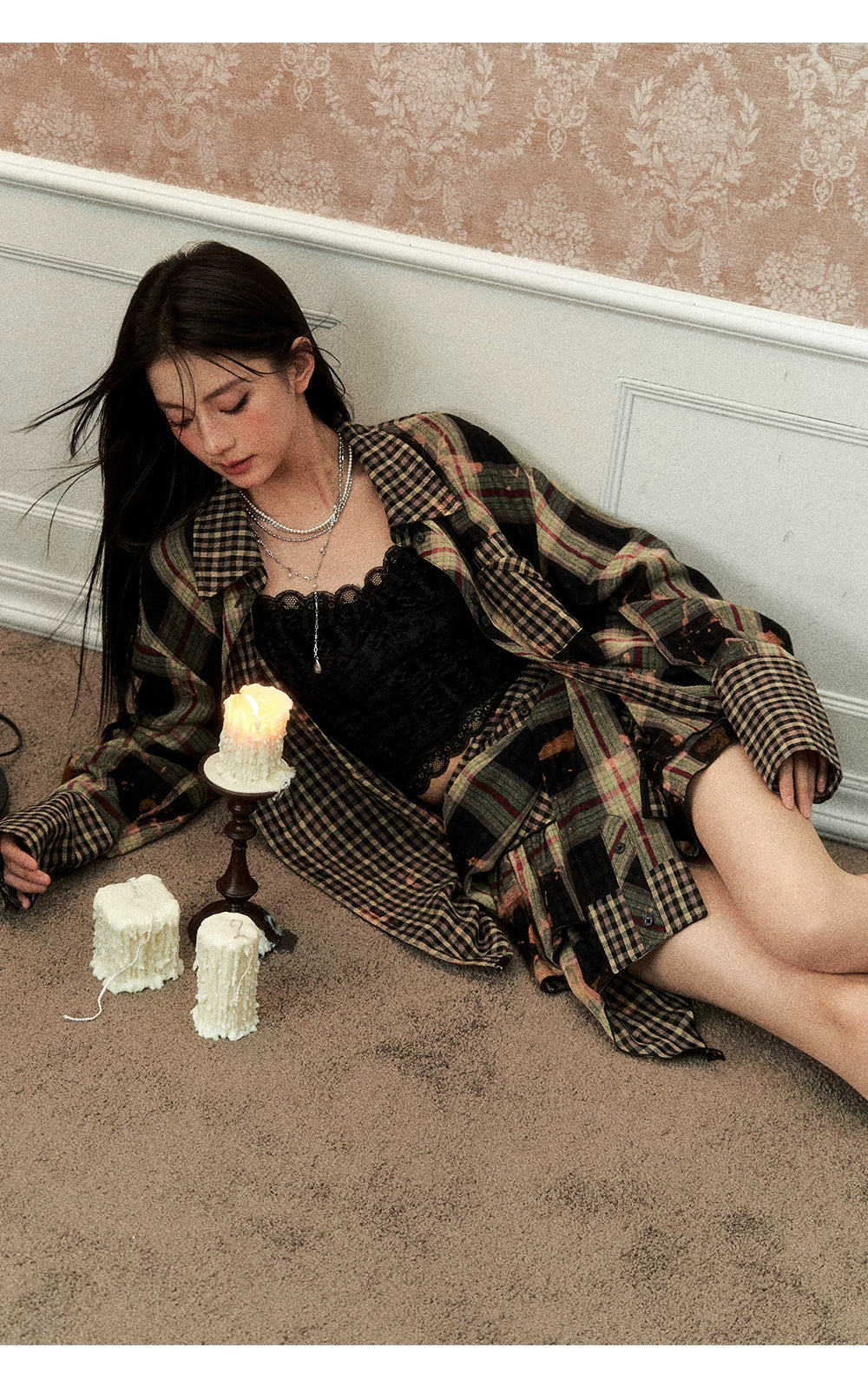 Oversize Plaid Long Sleeve Shirt & Short Skirt & Scarf Setup
