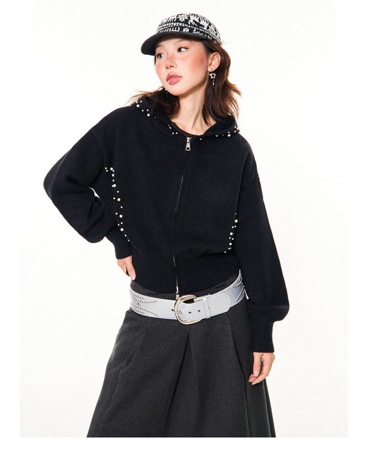 Pearl Embroidery Cropped Zipper Hoodie