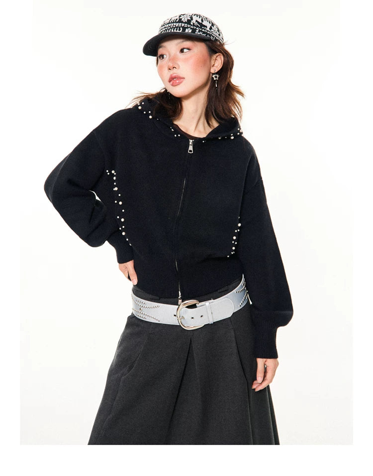 Pearl Embroidery Cropped Zipper Hoodie