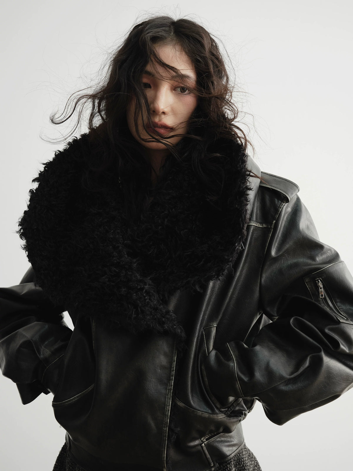 Big Hairy Collar PU Leather Jacket