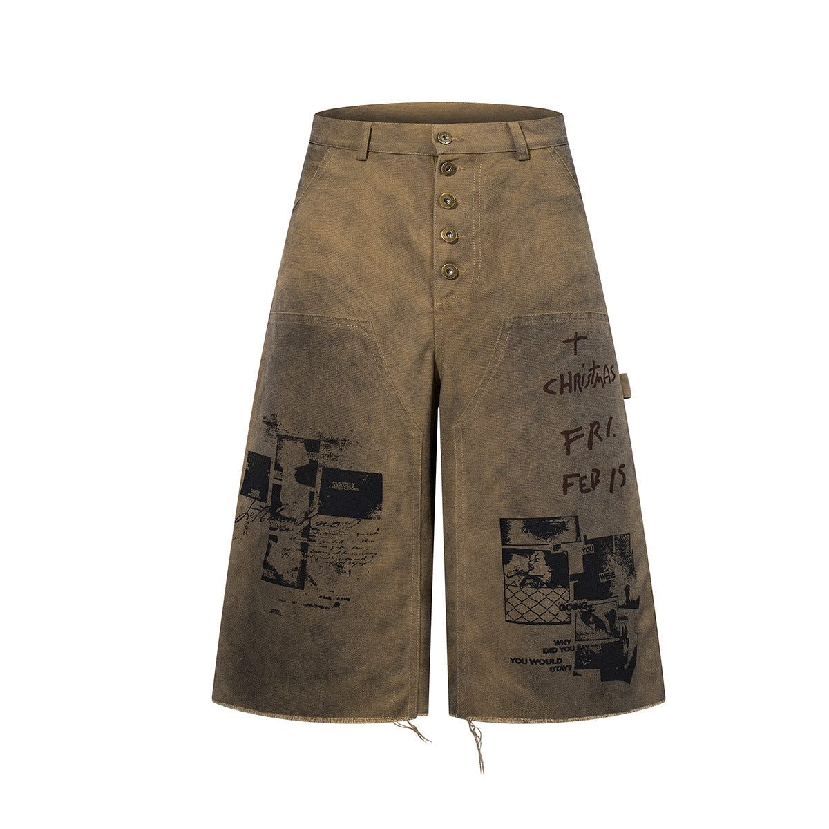 Washed Portrait Letter Print Denim Jort