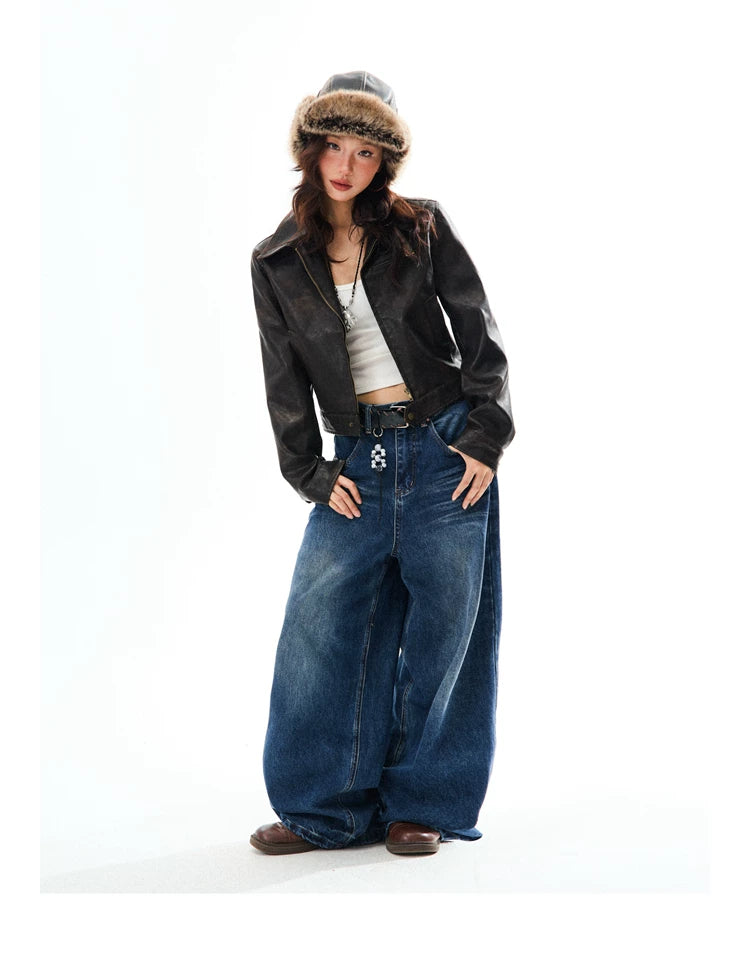PU Leather Washed Zipper Short Length Jacket