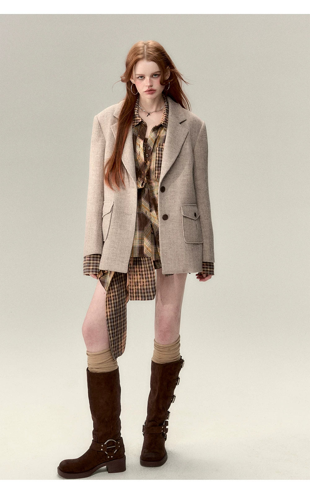 Oversize Plaid Long Sleeve Shirt & Short Skirt & Scarf Setup