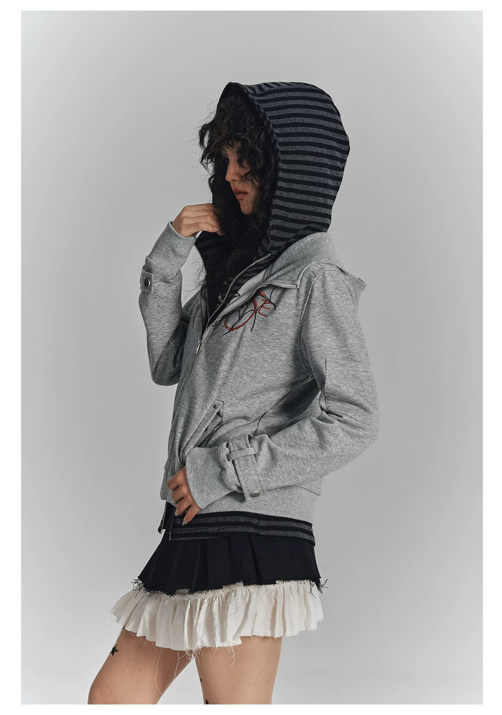 Embroidery Fake Layered Double Zipper Hoodie