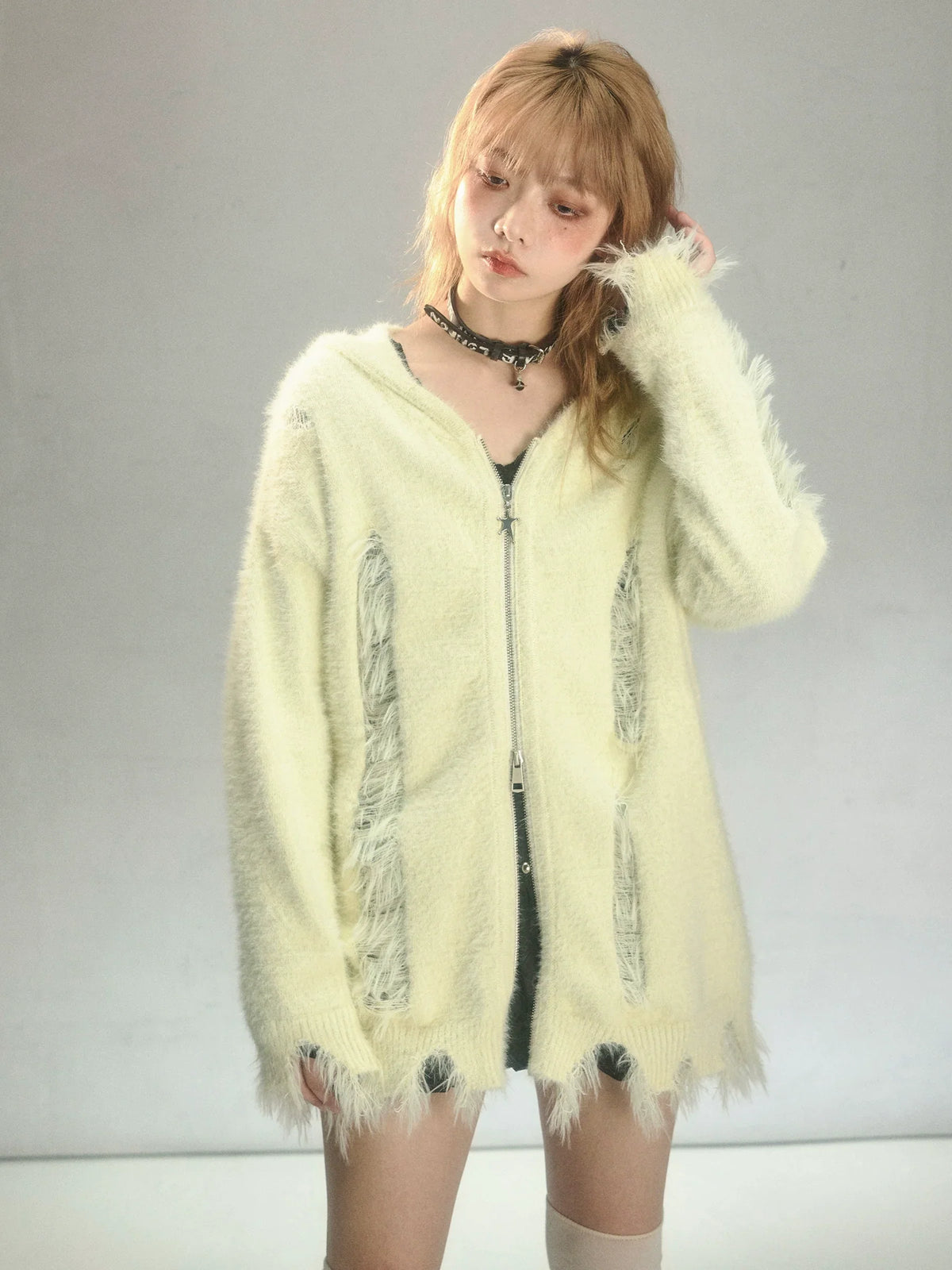 Rabbit Ear Zipper Knit Hoodie