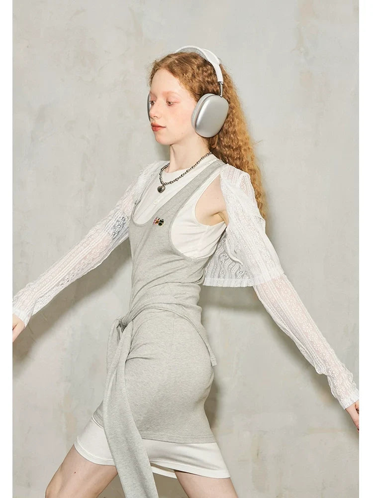 Splicing Fake Layered Round Neck Waist Cinching Dress