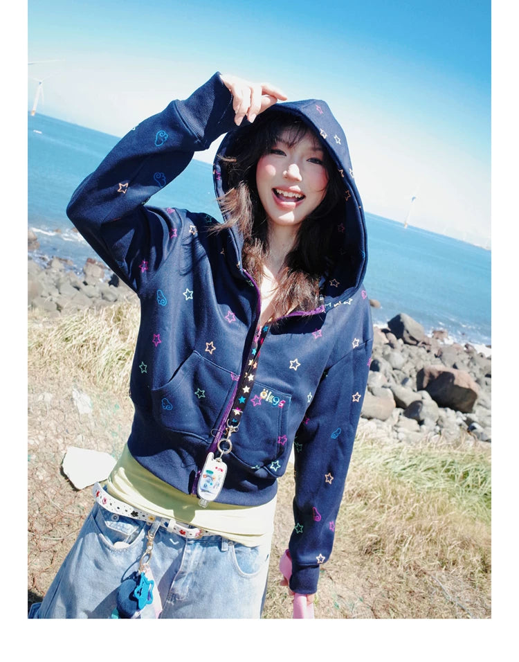 Star Print Fleece Zipper Hoodie