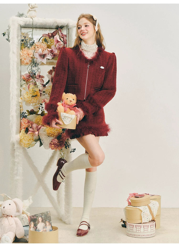 Fur Jacquard Zipper Jacket & Short Skirt Setup