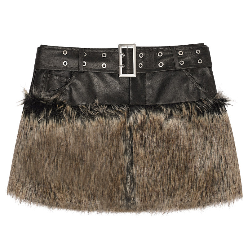 Reversible Fake Fur PU Leather Jacket & Skirt Setup