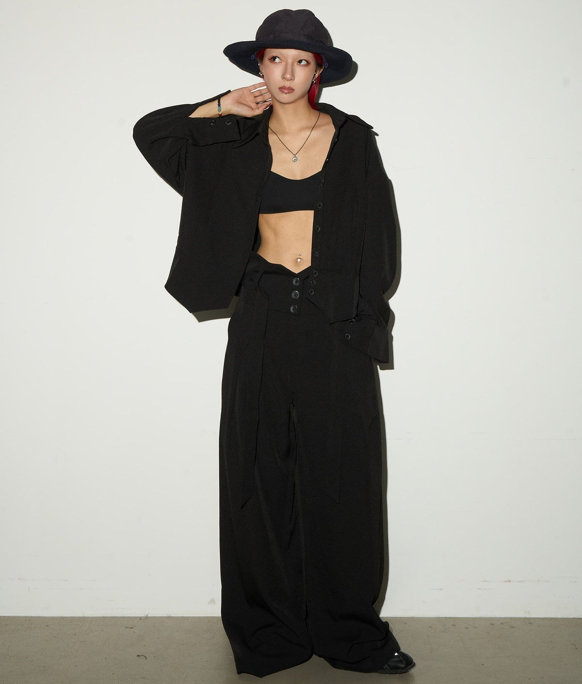 Button Front Long Sleeve Shirt & Pleats Wide Leg Trousers Setup