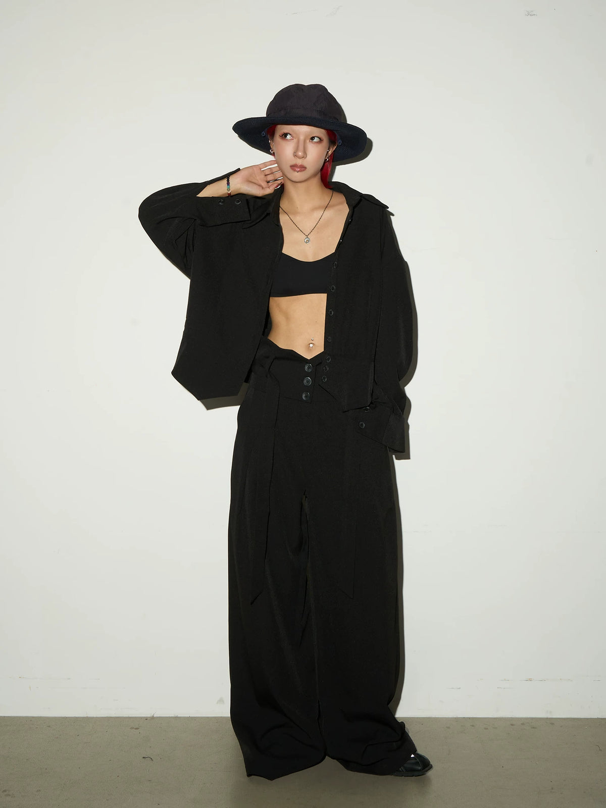 Button Front Long Sleeve Shirt & Pleats Wide Leg Trousers Setup