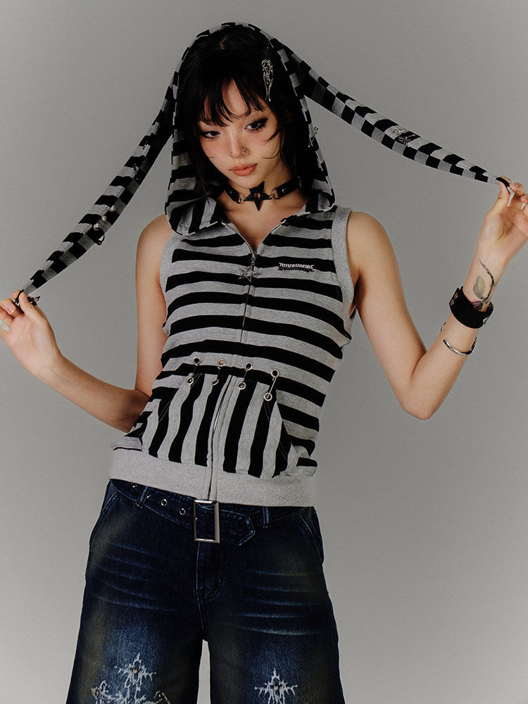 Stripe Zipper Hooded Sleeveless T-Shirt