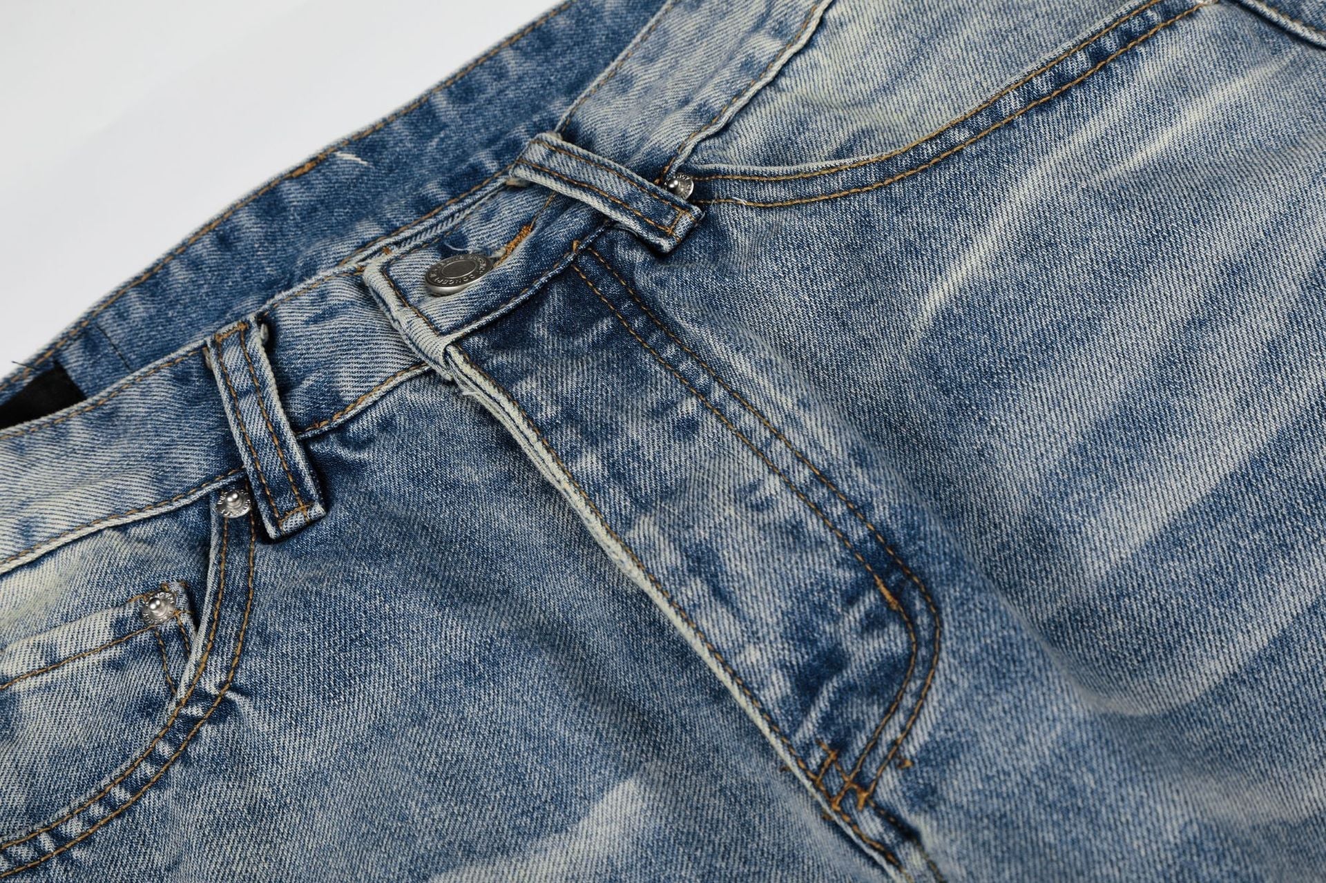Washed Damage Whisker Wide Leg Denim Jeans