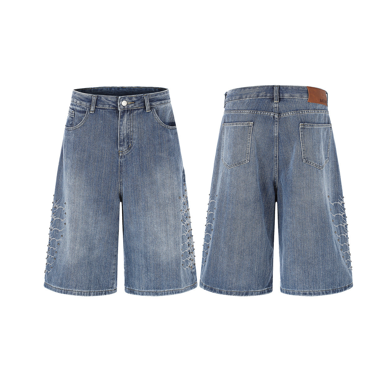 Embroidery Bead Wide Leg Short Denim Pants