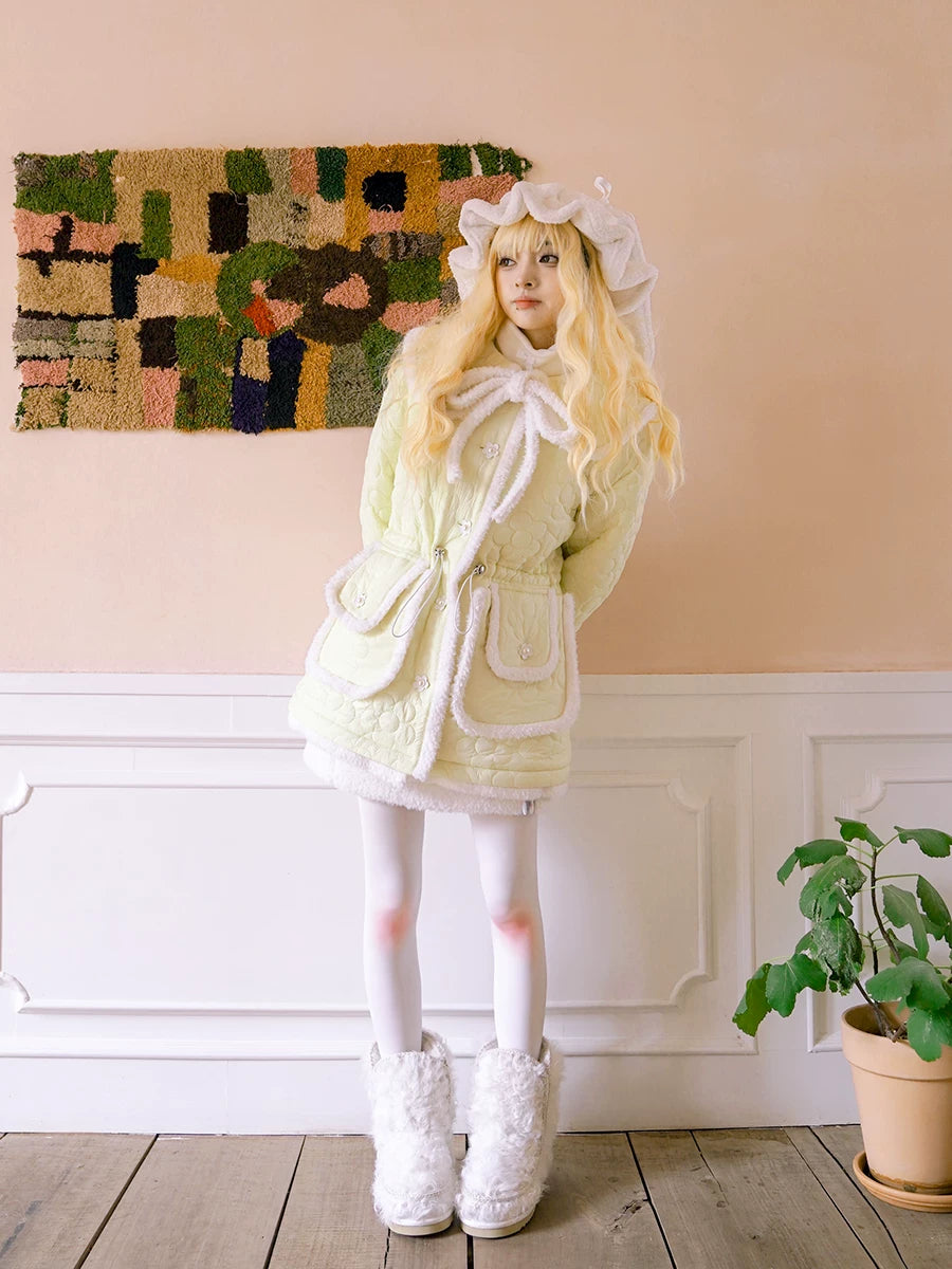 Flower Plush Bow Tie Puffer Jacket