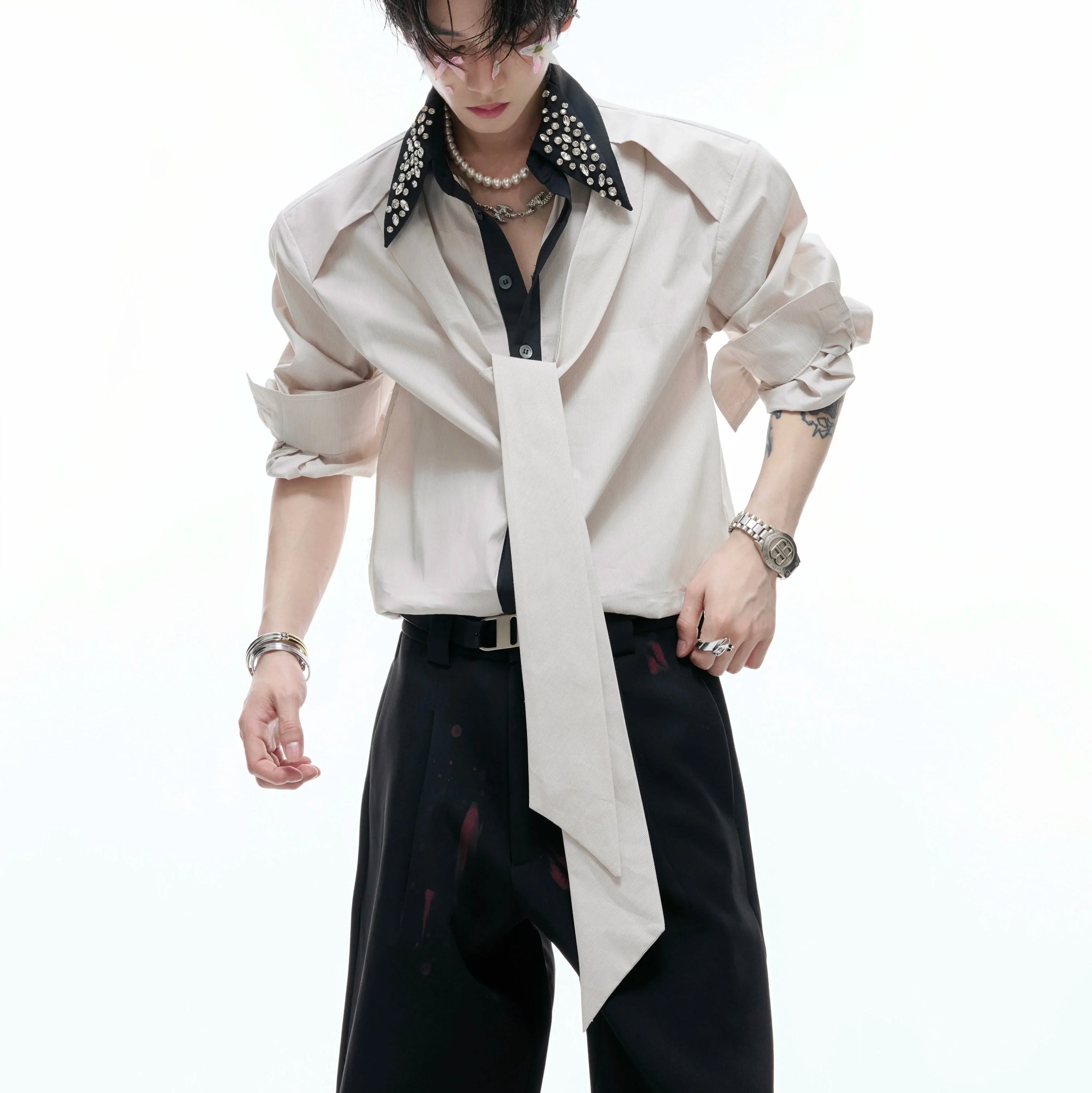 Rhinestone Neckline Ribbon Colorblock Long Sleeve Shirt