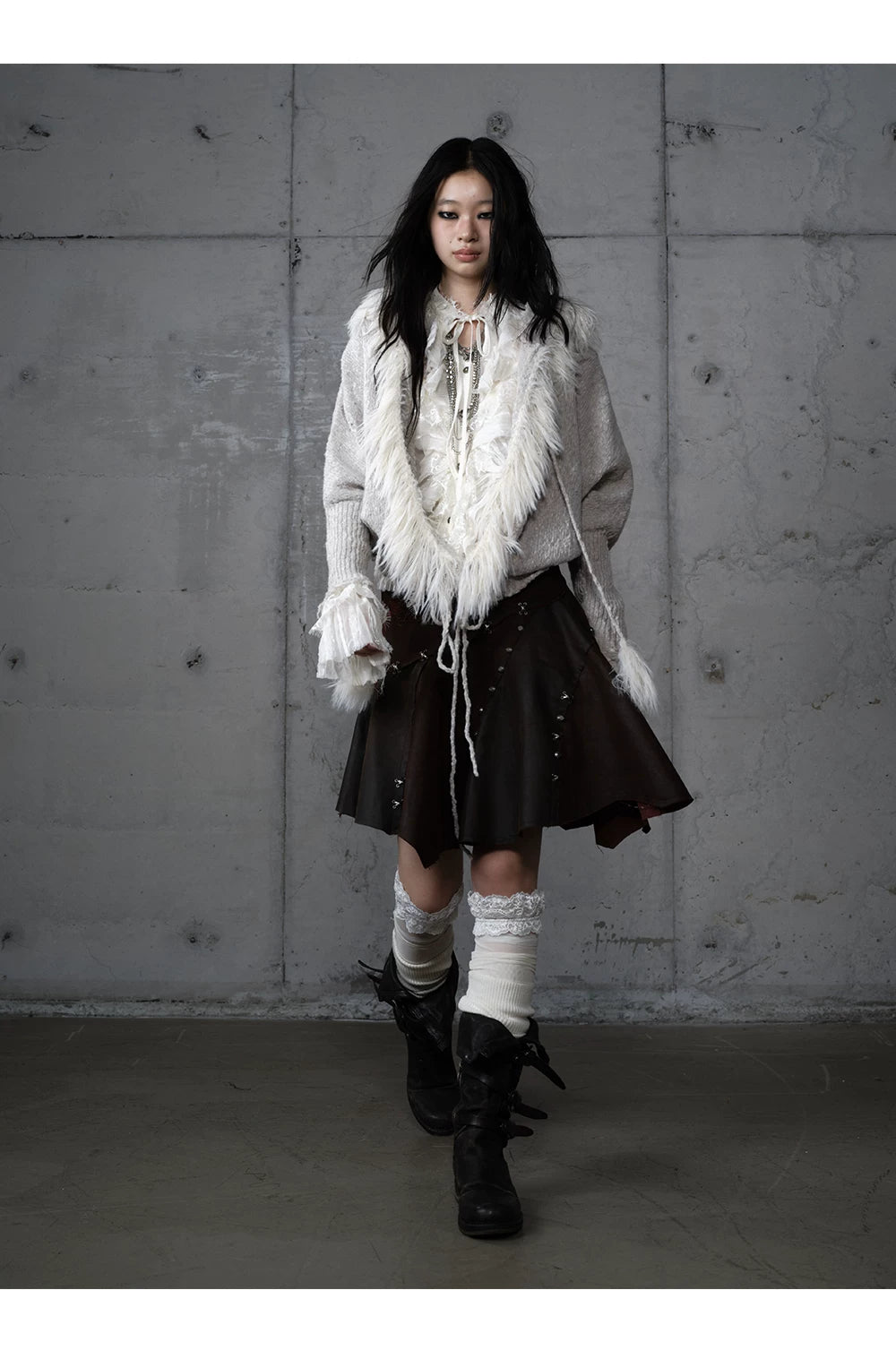 Fake Fur Trim Drawstring Oversize Knit Cardigan
