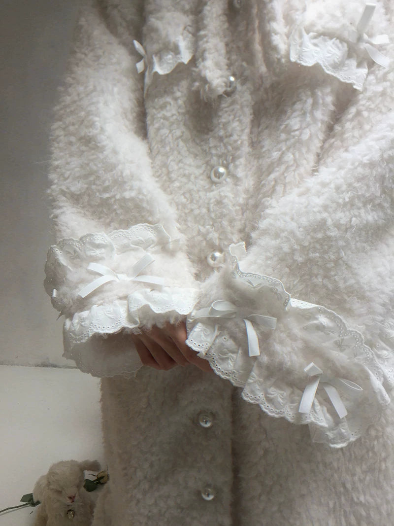 Plush Bow Ruffle Long Coat
