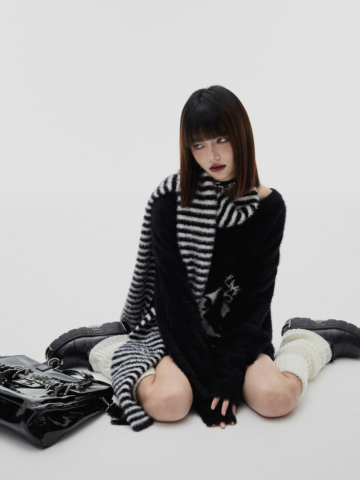 Mohair Skull Pattern Oversize V-Neck Knit Cardigan & Striped Scarf