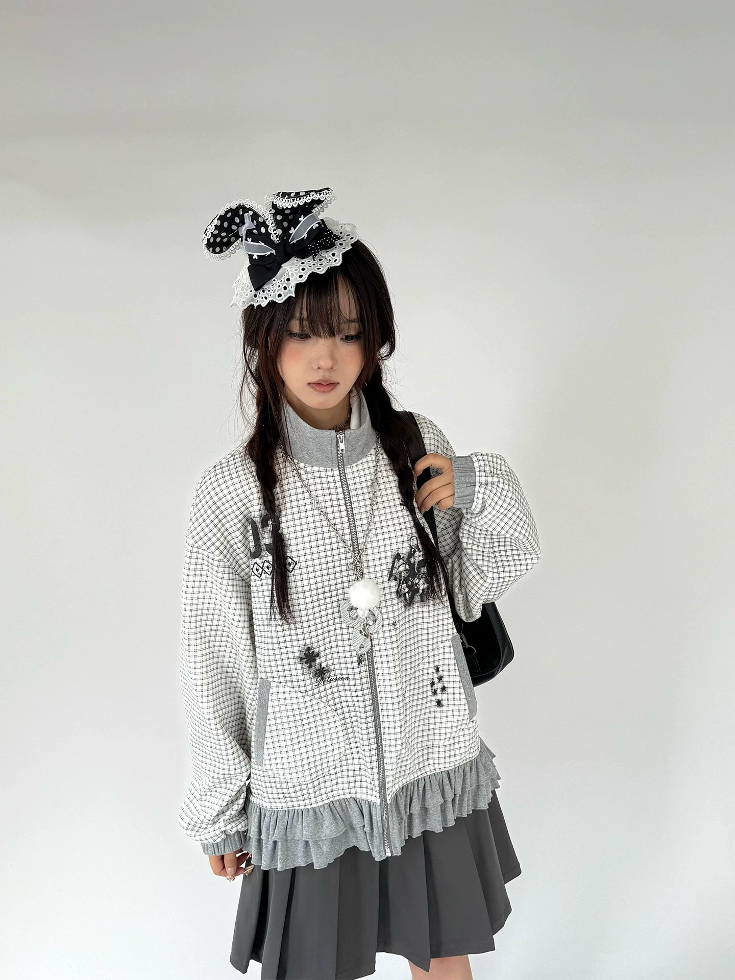 Checkered Ruffle Hem Oversize Zipper Hoodie