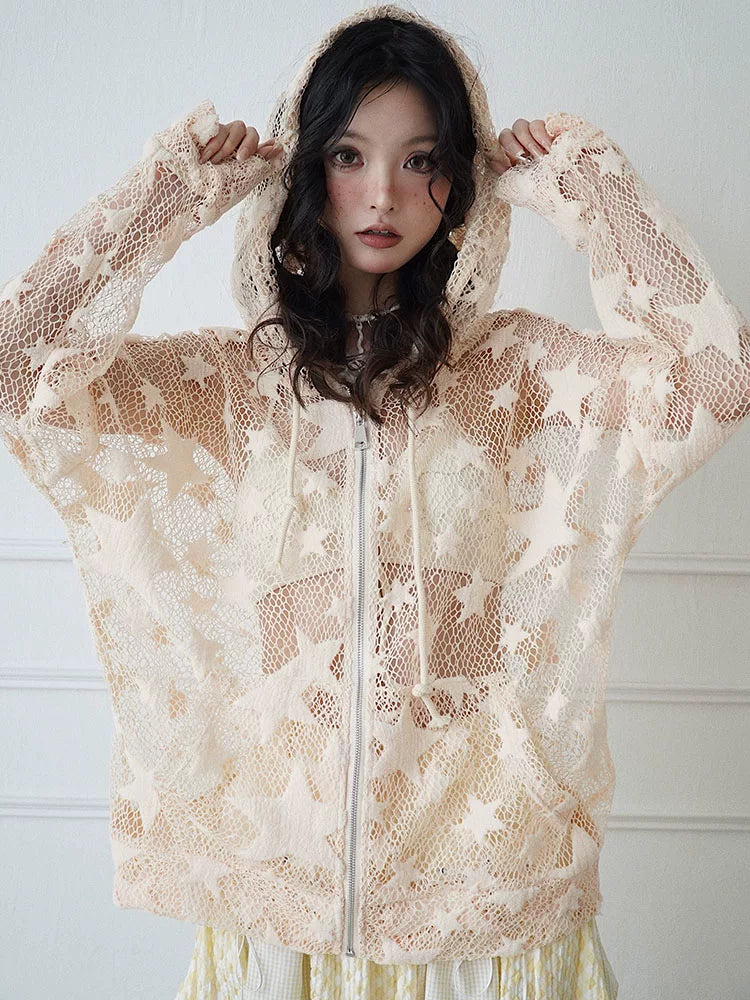Sheer Mesh Hollow-Out Zipper Hoodie