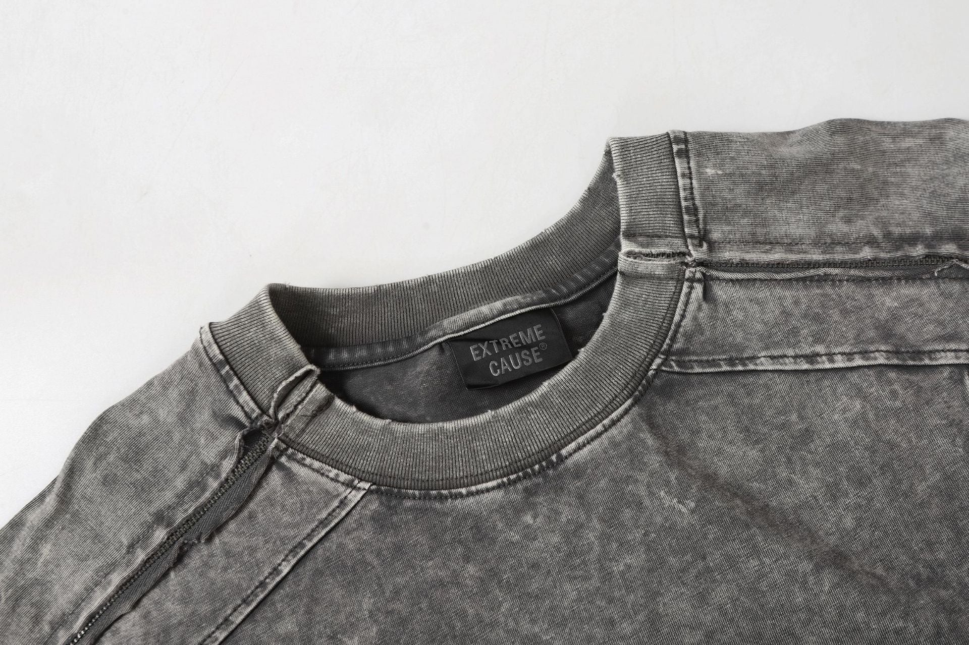 Washed Panel Design Zipper Detail Short Sleeve T-Shirt