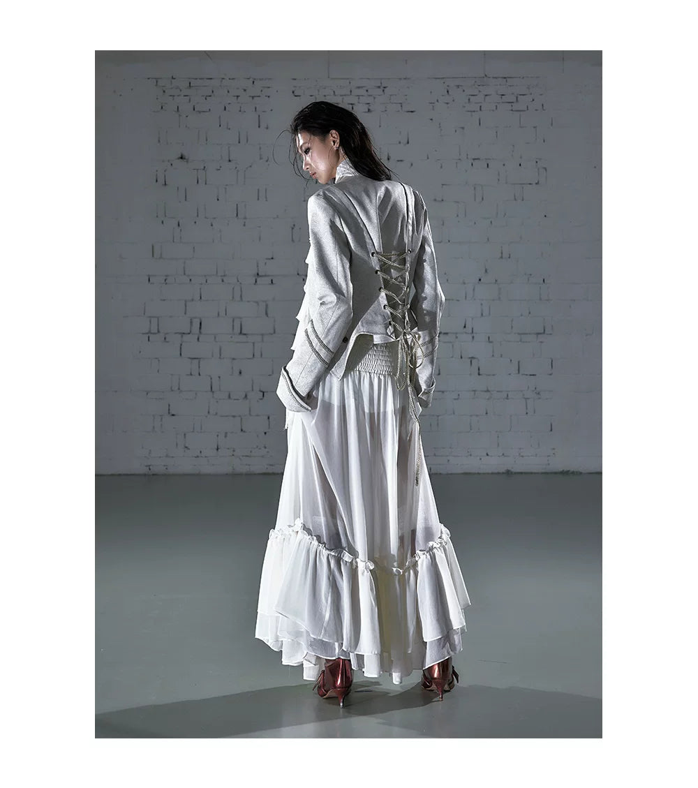 Ruffle Tie-Neck Slim Fit Long Sleeve Shirt