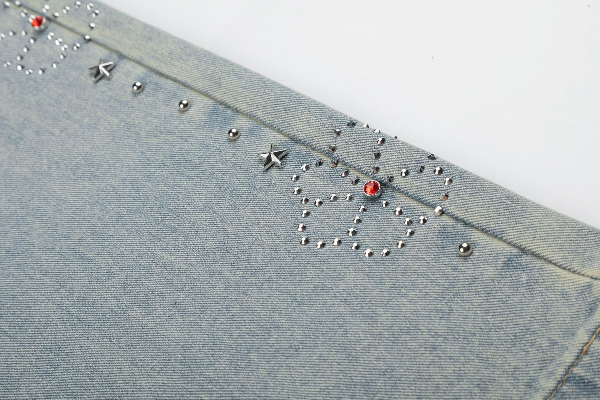 Washed Paint Studs Detail Wide Leg Denim Jeans