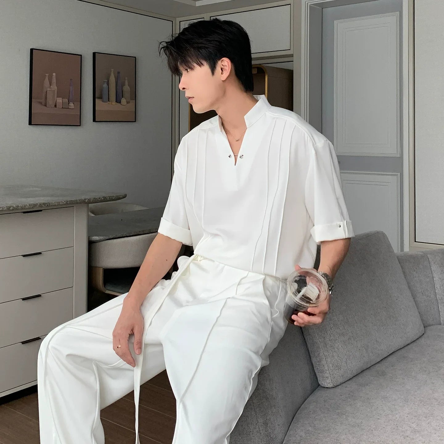 Standing Collar V-Neck Oversize Short Sleeve Polo Shirt