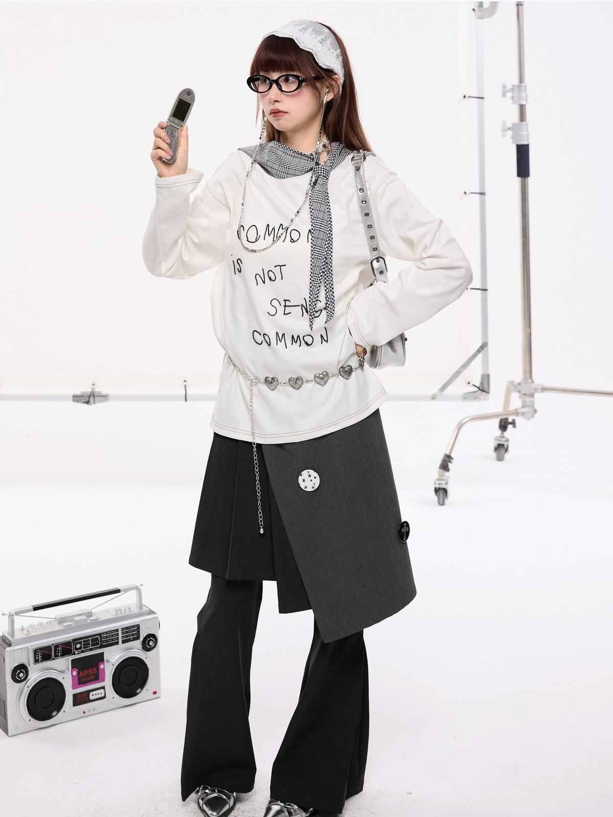Beaded Letter Embroidery Plaid Hooded Oversize Long Sleeve T-Shirt
