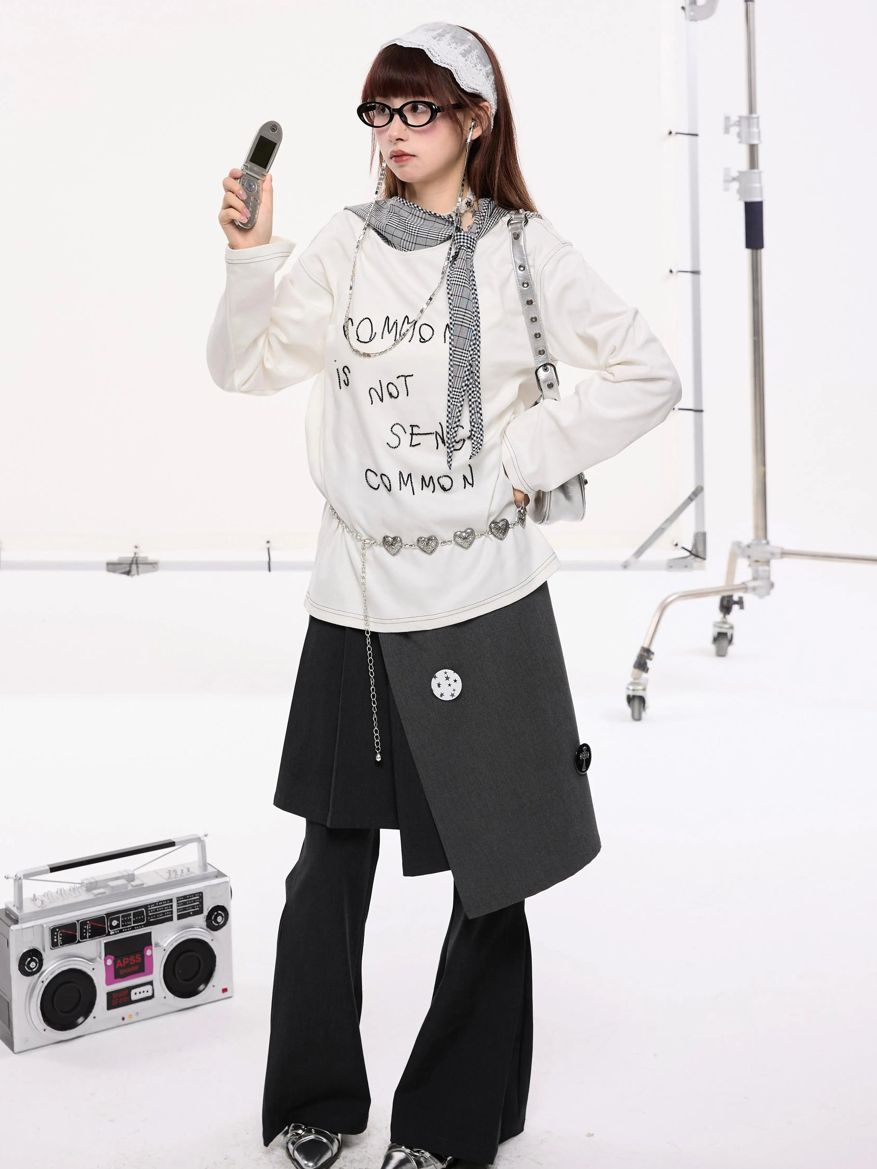 Beaded Letter Embroidery Plaid Hooded Oversize Long Sleeve T-Shirt