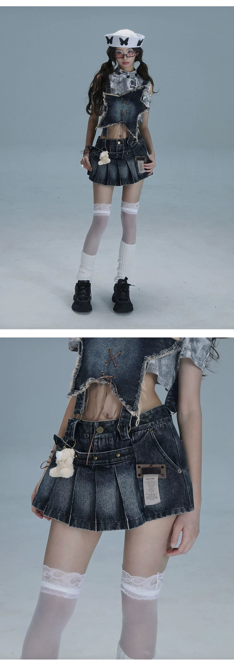 Detachable Washed Suspender Denim Short Skirt & Inner Shirts Set