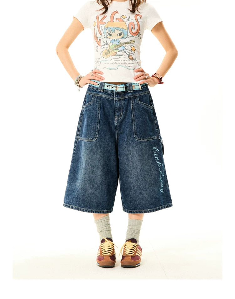 Wide-Leg Denim Shorts