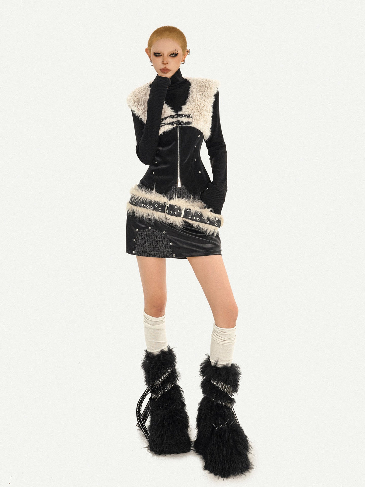 Fake Fur Patchwork V-Neck Slim PU Leather Vest & Ribbed High-Neck Knit Sweater