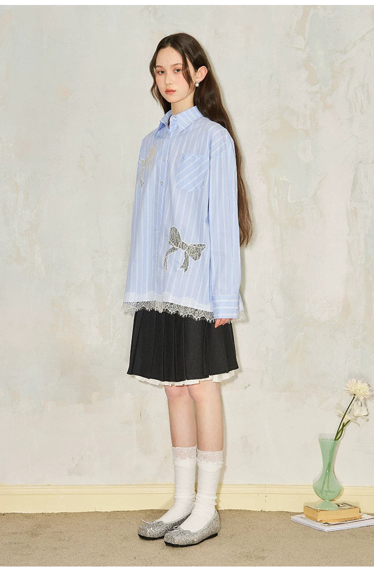 Stripe Lace Hollow Bow Long Sleeve Shirt