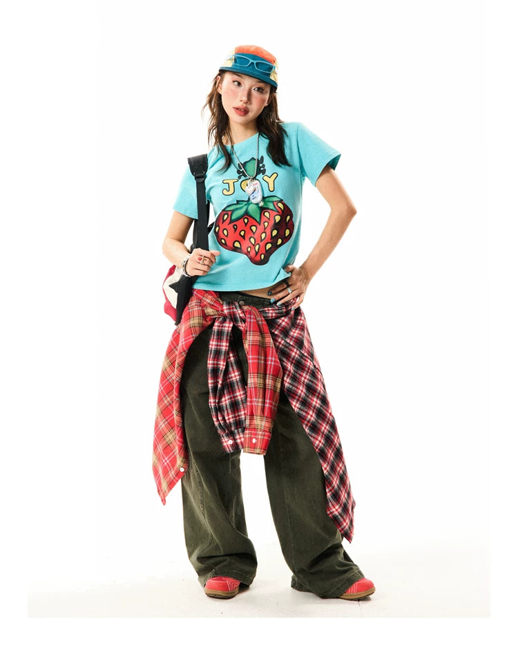Strawberry Print Cropped Short Sleeve T-Shirt