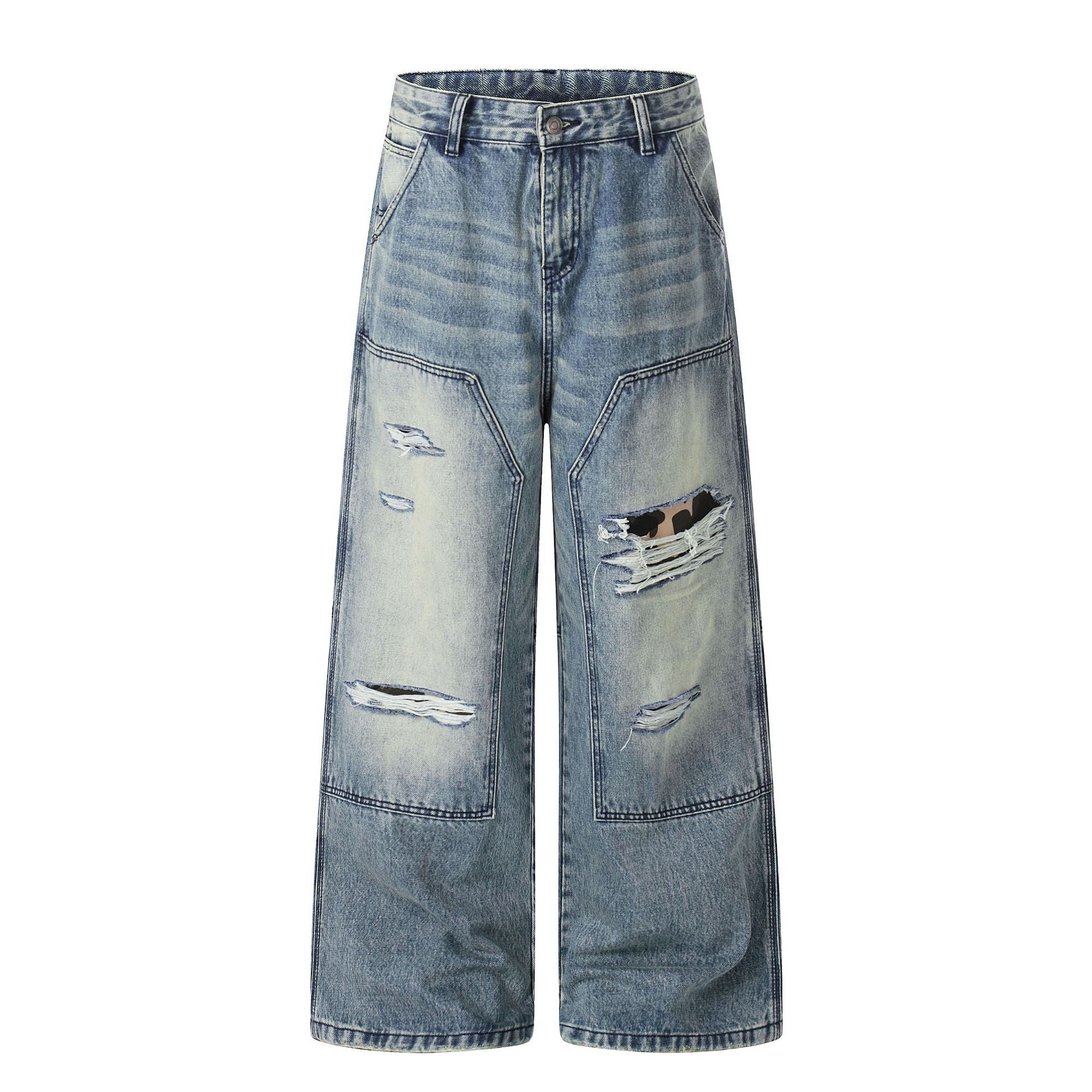 Washed Deconstruction Damage Wide Leg Denim Jeans