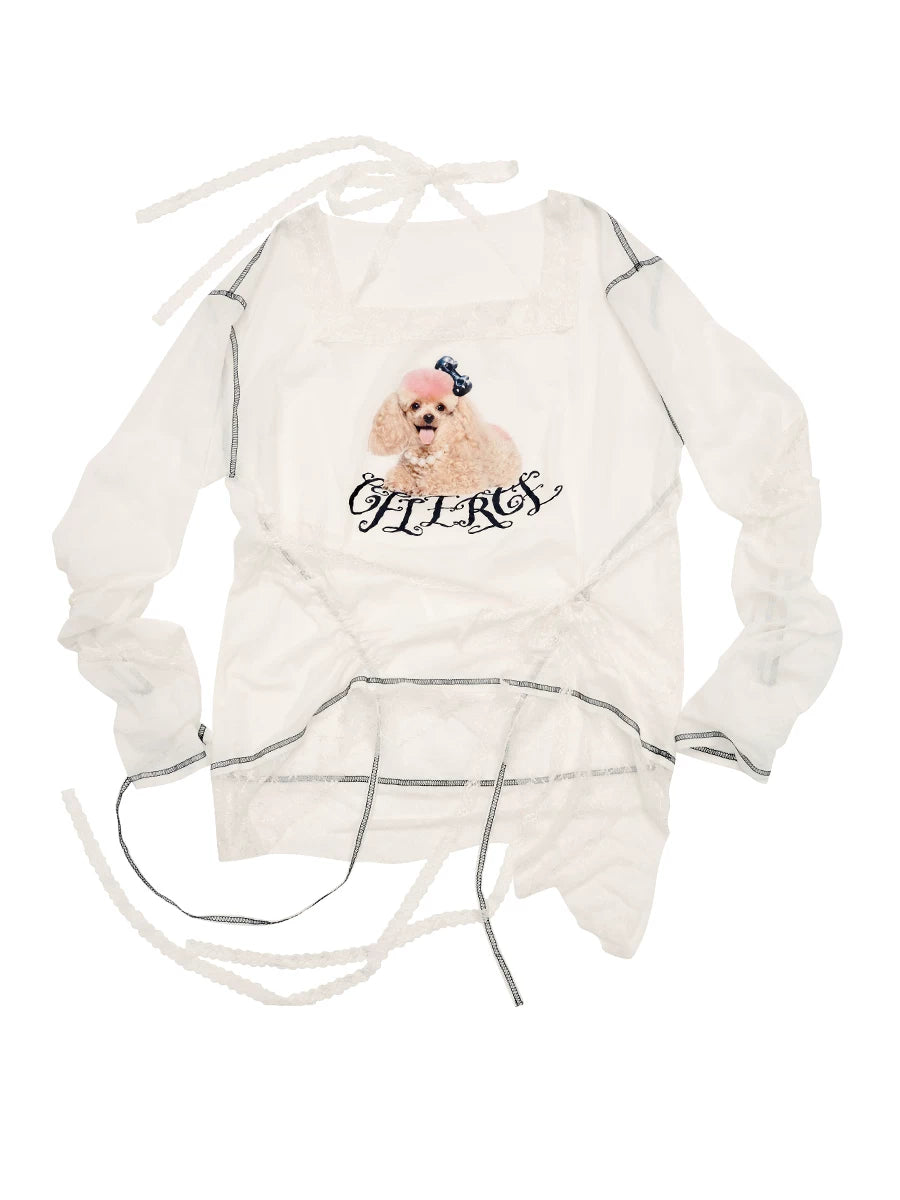 Dog Print Lace-Trim Long Sleeve T-Shirt