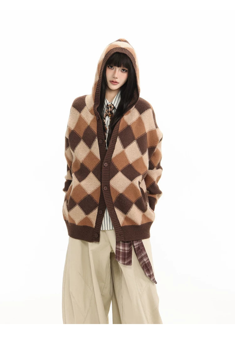 Heavyweight Diamond Pattern Oversize Hooded Knit Cardigan & Knit Sweater