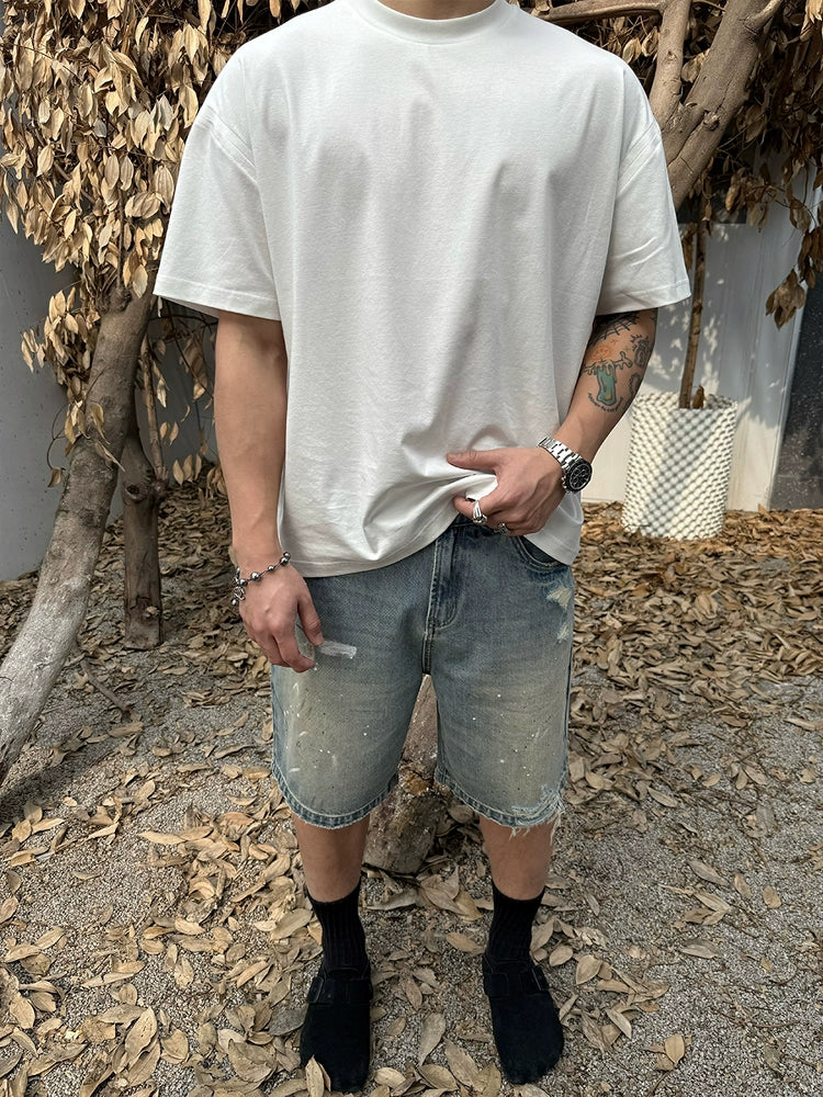 Damage Paint Fade Washed Denim Short