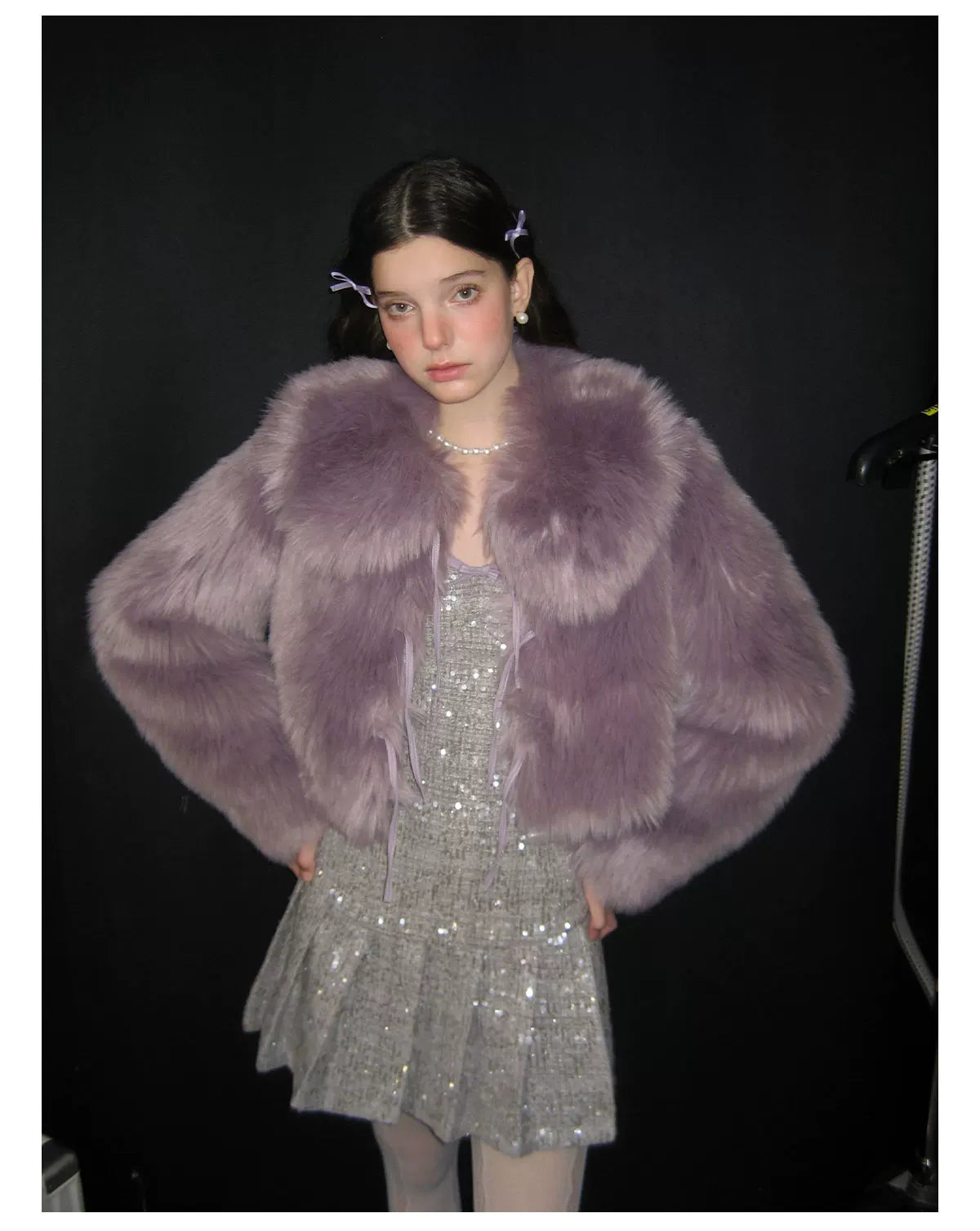 PU Leather Mix Bow Fur Jacket
