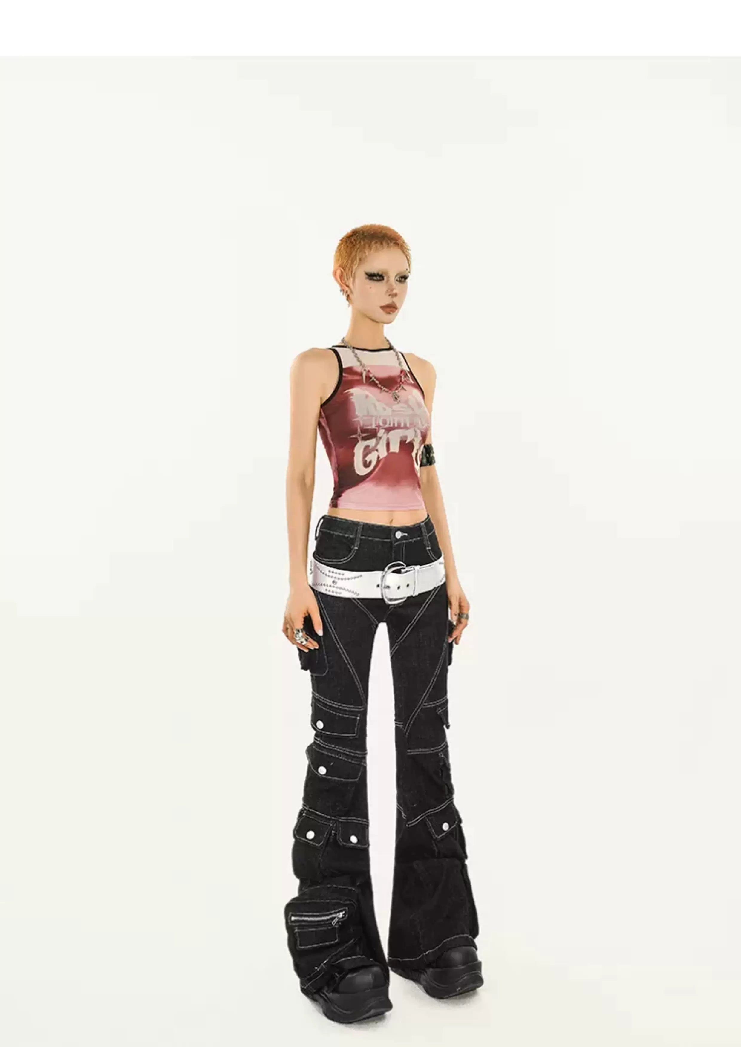 Utility Multi-Pocket Flare Cargo Denim Jeans