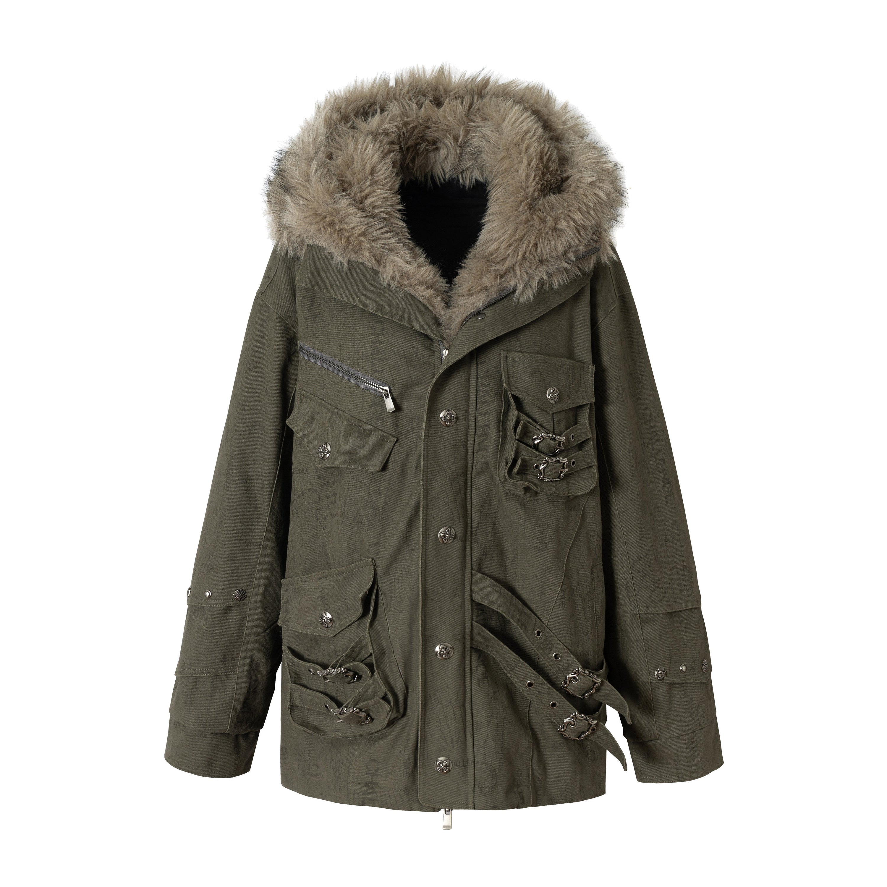 Fake Fur Hooded Multi-Pocket Buckle Detail Jacket