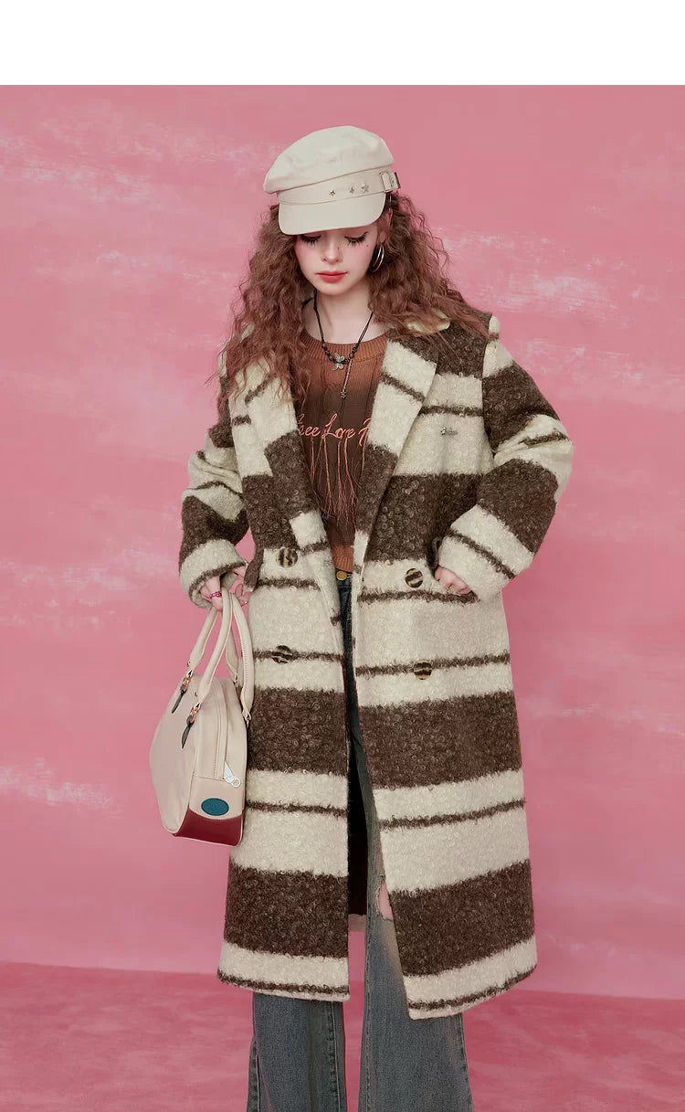 Contrast Stripe Fake Wool Mid-Length Coat